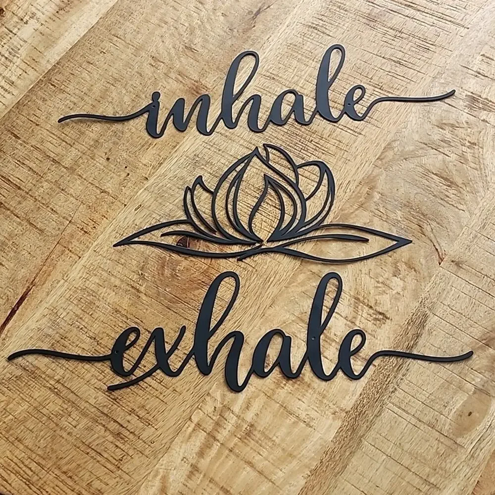 LOTUS FLOWER Wall Art Decor Exhale Inhale Word Wall Sign 3 Pieces Metal Black